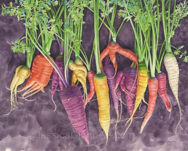 painting of rainbow carrots with interesting shapes on a purple background, vegetable art, food art