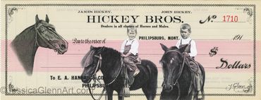 painting of two little boys on horses, painting on antique bank check from Phillipsburg Montana