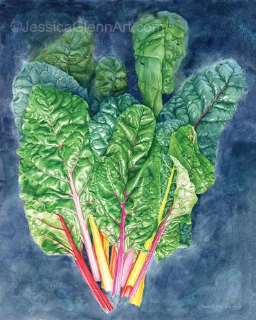 Watercolor painting of rainbow chard in a pile on a blue background. Realism, vegetables, food art