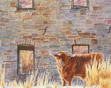 Artwork of a Scottish Highland Cow in front of a historic stone stamp mill in a winter landscape nea