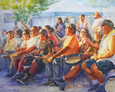 Painting of a group of Native Americans playing a seated game at a Pow wow in Arlee, Montana.