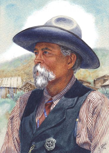 painting of an old west re-enactor with a sheriff's badge in Bannack Ghost Town in Montana