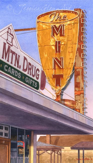 realistic watercolor painting of a vintage neon mint bar sign in White Sulphur Springs Montana