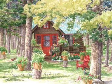 painting of Ian Tippet's log cabin cottage with flower baskets in East Glacier Montana