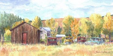 painting of a row of colorful antique tow trucks in a fall setting with a barn, old truck art