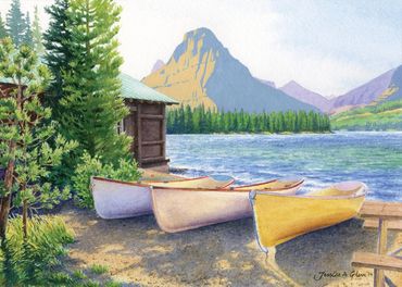 painting of boats on the beach of Two Medicine lake with Sinopah mountain in Glacier National Park
