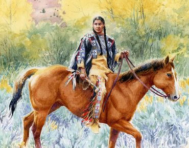 A Painting of a Native American man on horseback, riding through a fall landscape with yellow aspen.