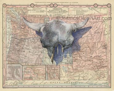 painting of a bison skull on an old map, buffalo skull art, western art
