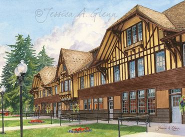 watercolor painting of the historic Great Northern Railroad depot in Whitefish Montana, chalet style