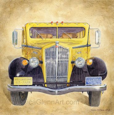 painting of the front of a yellow jammer bus from Yellowstone National Park, national park vehicles