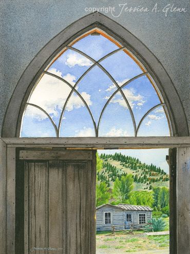 painting of the arched window of the Methodist church in Bannack Ghost Town in Montana