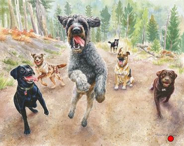 painting of a pack of dogs on a hiking trail in the woods. doggy daycare artwork. happy dog art