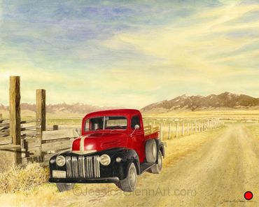 painting of 1946 Ford truck, old truck artwork, vintage red truck art