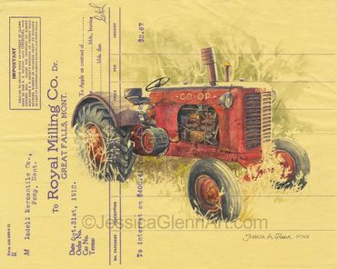 agriculture art painting of a vintage co-op tractor on old Montana paper ephemera, royal milling com