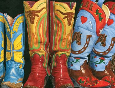 realistic colorful watercolor painting of unique cowboy boots against a black background, cowboy art