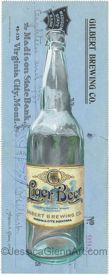 Gouache painting of an antique lager beer bottle on an antique brewery check, breweriana