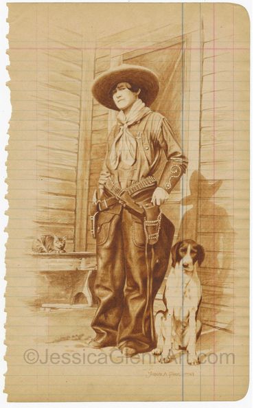Sepia tone painting of a young woman in a cowgirl outfit with a dog and cat on antique journal paper