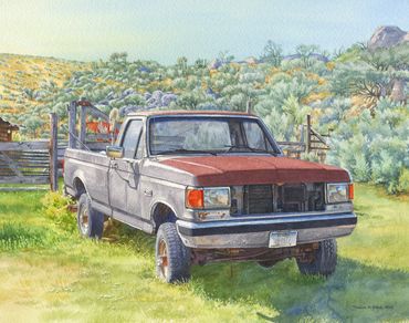 commissioned painting of a vintage pickup truck on a ranch in Southwest Montana, old truck art