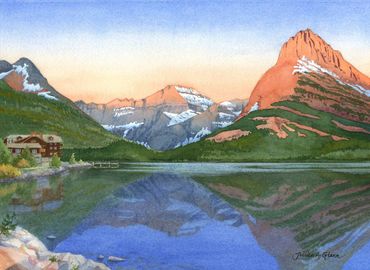 painting of Many Glacier Hotel on Swiftcurrent Lake and sunset on mountains in Glacier National Park
