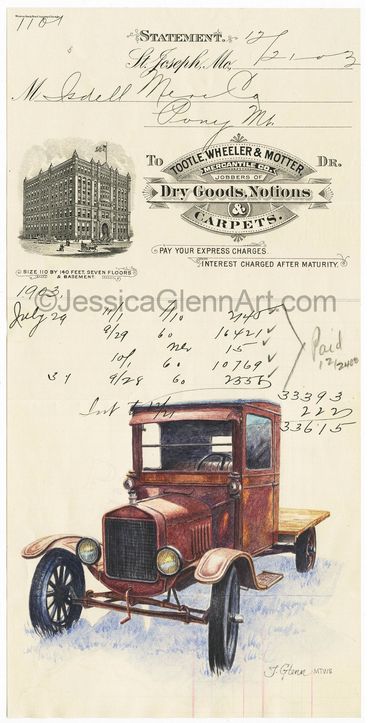 watercolor painting of a model TT truck on an antique dry goods company statement from early 1900's