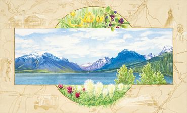 painting of Lake McDonald in Glacier National Park with a border of wildflowers on a sepia tone map