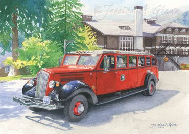painting of a vintage red jammer bus in Glacier National Park in front of Lake McDonald Lodge, MT