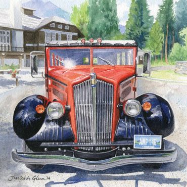realistic painting of the front view of a vintage red jammer bus in Glacier National  Park