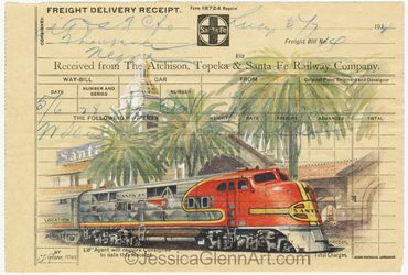 painting of The Super Chief train of the Atchison Topeka & Santa Fe Railway, railroad art