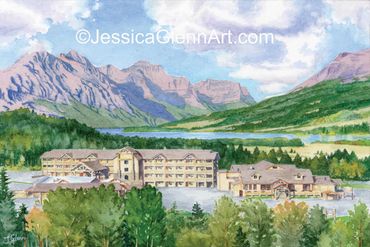 painting of Saint Mary Lodge in Saint Mary Glacier National park with lake and mountain scenery