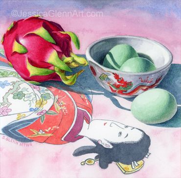 Still life painting of dragon fruit, green eggs in a Chinese bowl on a handkerchief with a geisha