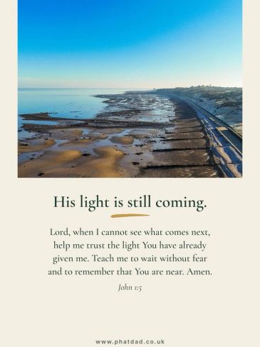 A coastal sunrise with an inspirational prayer about trusting God's light.