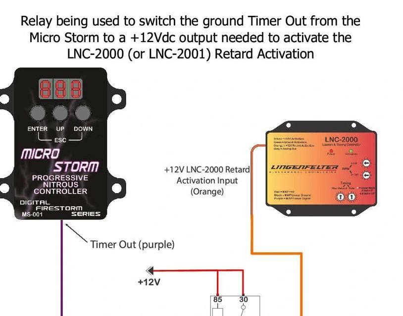 Wiring diagram showing relay switching Timer Out from Micro Storm to +12V for LNC-2000 retard activation.