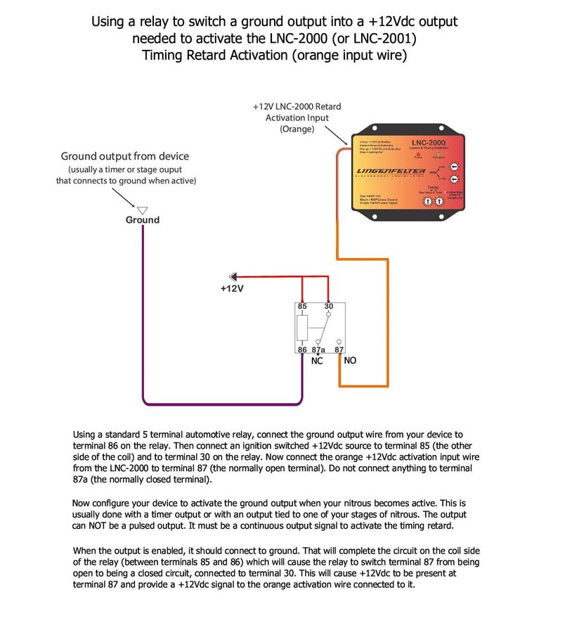 Diagram showing relay wiring to convert ground output to +12Vdc for LNC-2000 activation.