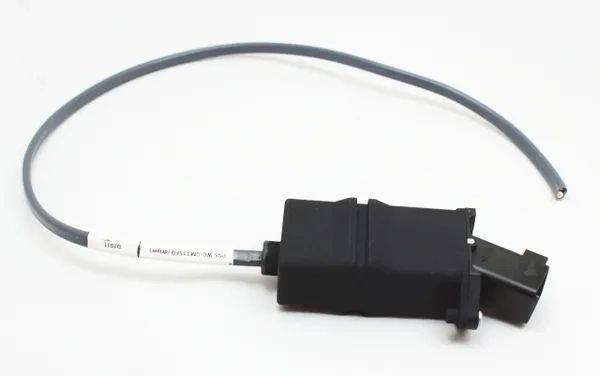 Black electrical connector with attached cable on a white background.