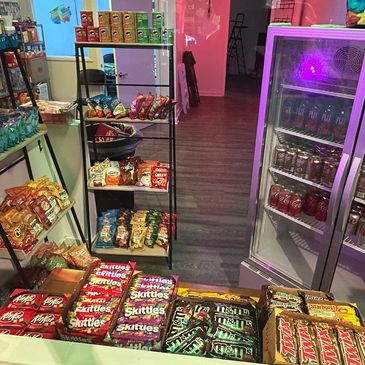 Snack and soda display in a store.