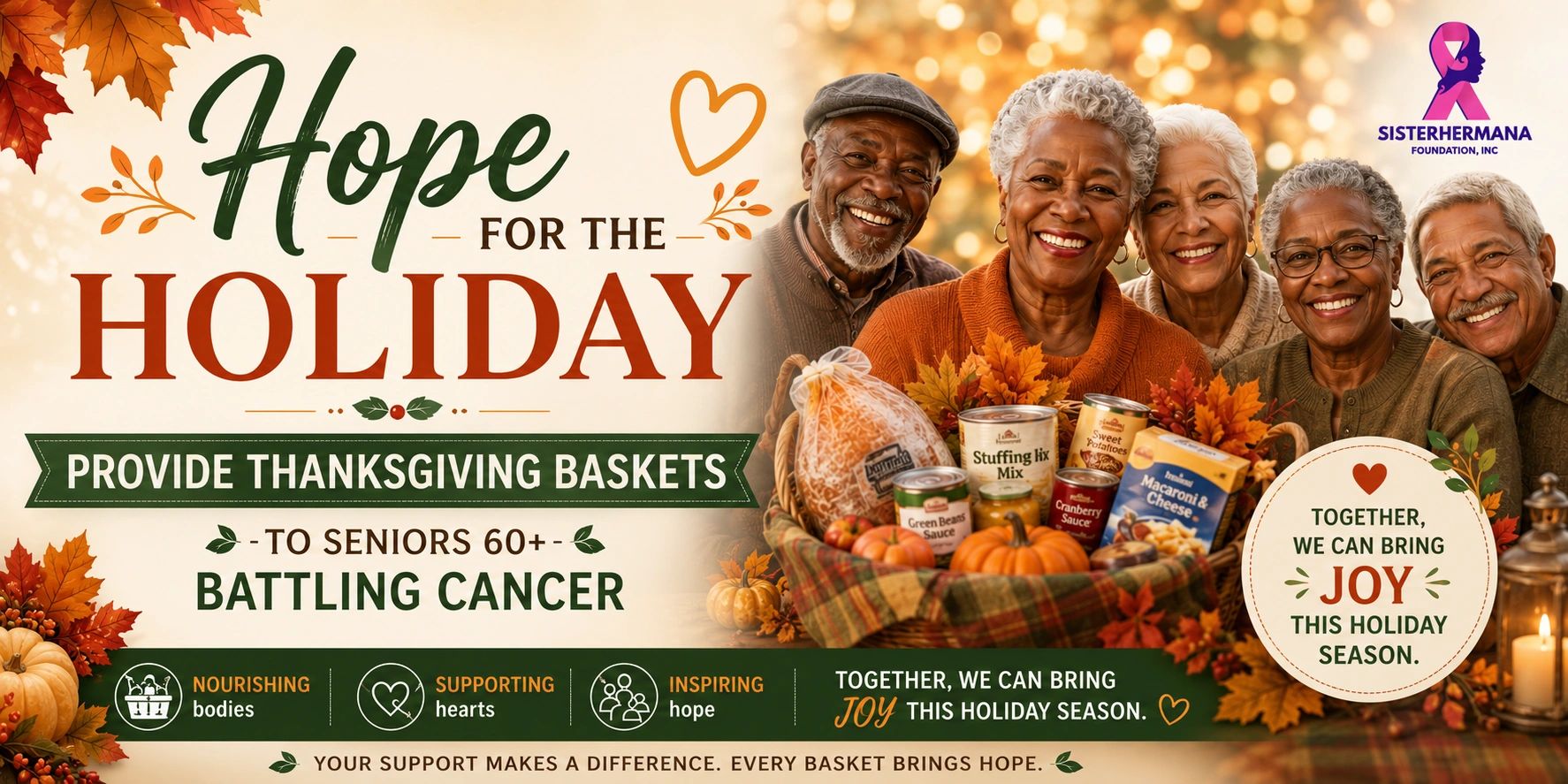 Smiling seniors with Thanksgiving baskets promoting hope and joy during the holiday season.