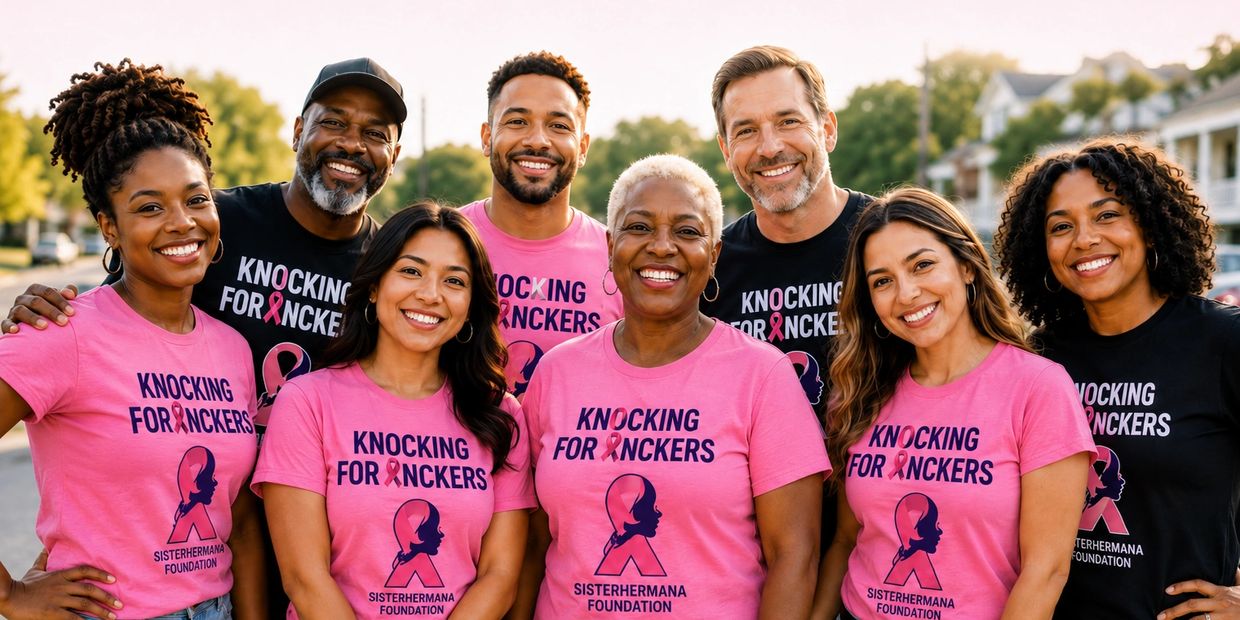 Group of smiling people wearing breast cancer awareness shirts.