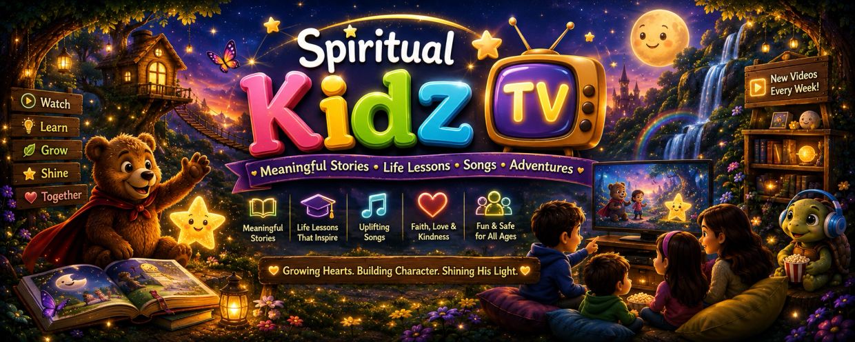 Colorful Spiritual Kidz TV banner with kids, animals, and nature.