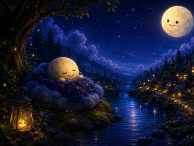 A sleepy moon resting on a cloud under a starry night