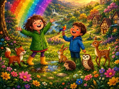 Children happily surrounded by animals under a sparkling rainbow.