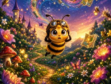 A cute bee with goggles flying in a magical garden.