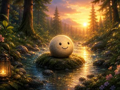 Smiling stone on mossy rock in a forest stream at sunset.