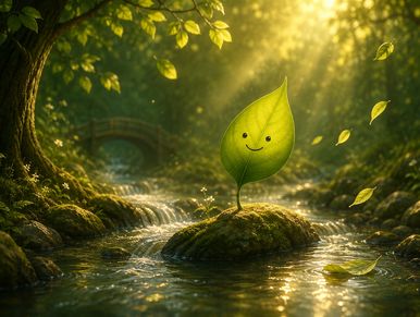 A smiling leaf standing on a mossy rock in a sunlit forest stream.