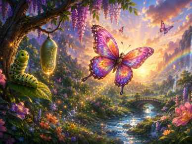A caterpillar transforms into a colorful butterfly in a magical forest.