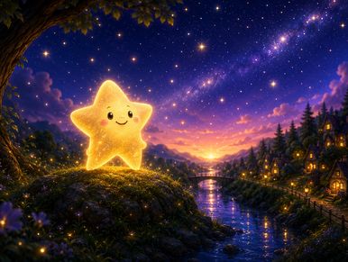 A glowing star with a smile in a magical twilight landscape.