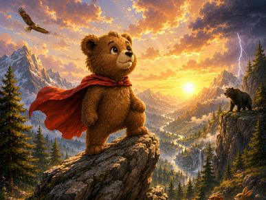 A brave teddy bear with a red cape overlooking a scenic mountainous valley.