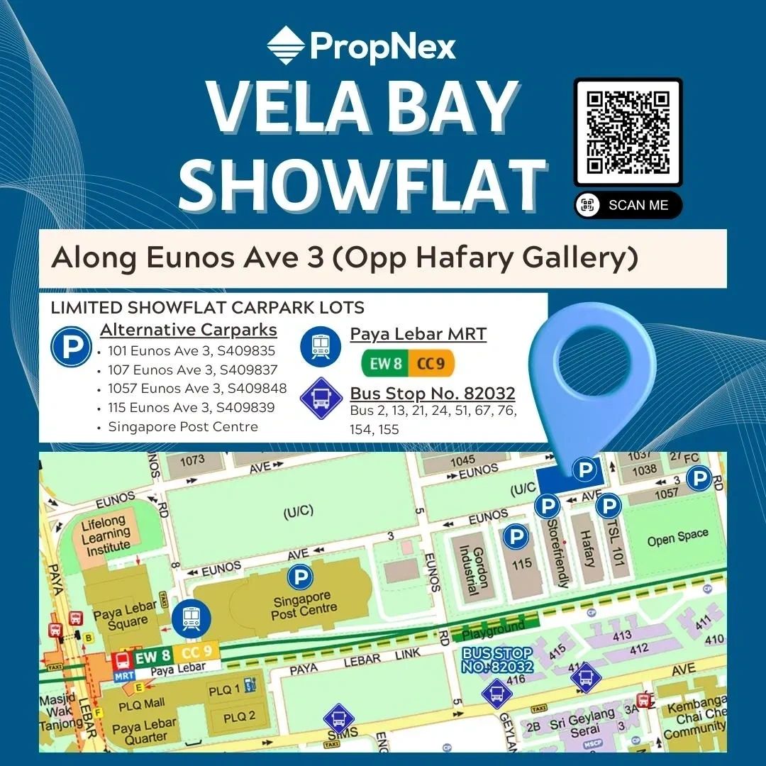 Vela Bay Showflat location and parking details at Eunos Ave 3 with nearby MRT and bus stops.