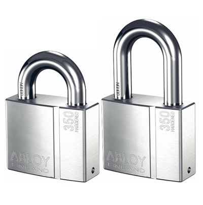 Two silver Abloy 350 hardened padlocks with different shackle lengths.