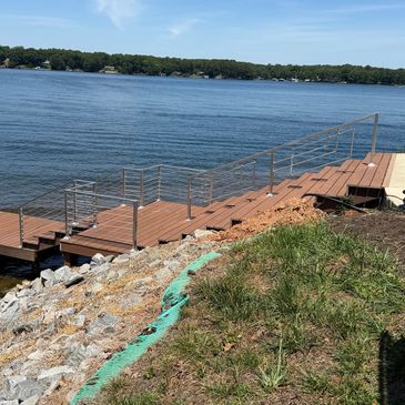 Wooden dock and stairs leading into a lake.