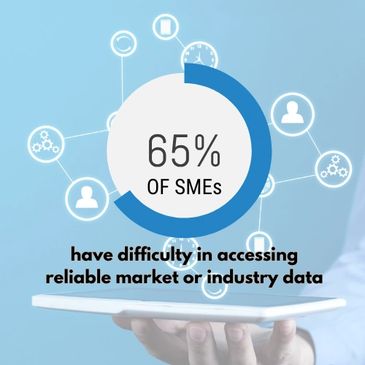 Pie chart on tablet showing 65% of SMEs struggle with accessing market data.